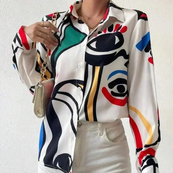 Cartoon Print Button Up Roll Sleeve Shirt - Picture 1 of 6